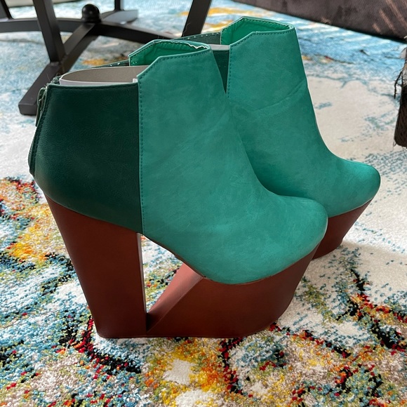 Ultra high heel cutout wedge heels teal green sz 9 - Picture 7 of 12